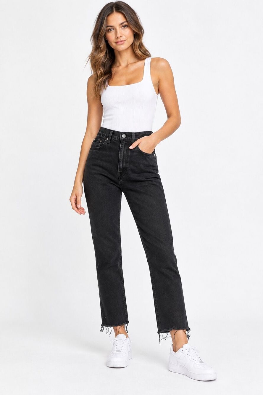 SLVRLAKE Beatnik Split Jet Black High Rise Straight Leg Raw Hem Jeans 29